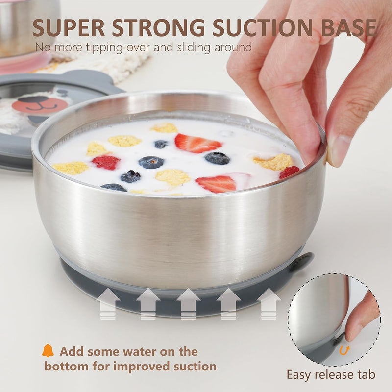 MR. CHOU Baby Bowls with Non-Slip Silicone Suction Cup, Insulated Double-Layer 18/8 Stainless Steel Toddler Bowls with BPA Free Airtight Lids, Food-Grade Silicone Safe for Kids (Gray) - Image 3